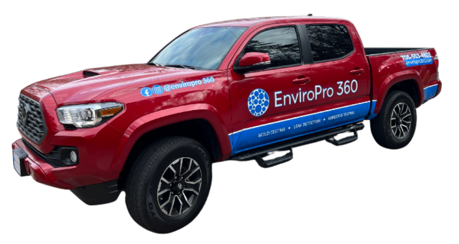 Red EnviroPro 360 truck with logo and contact information, promoting asbestos testing, mold inspection, and leak detection services in Augusta, GA.