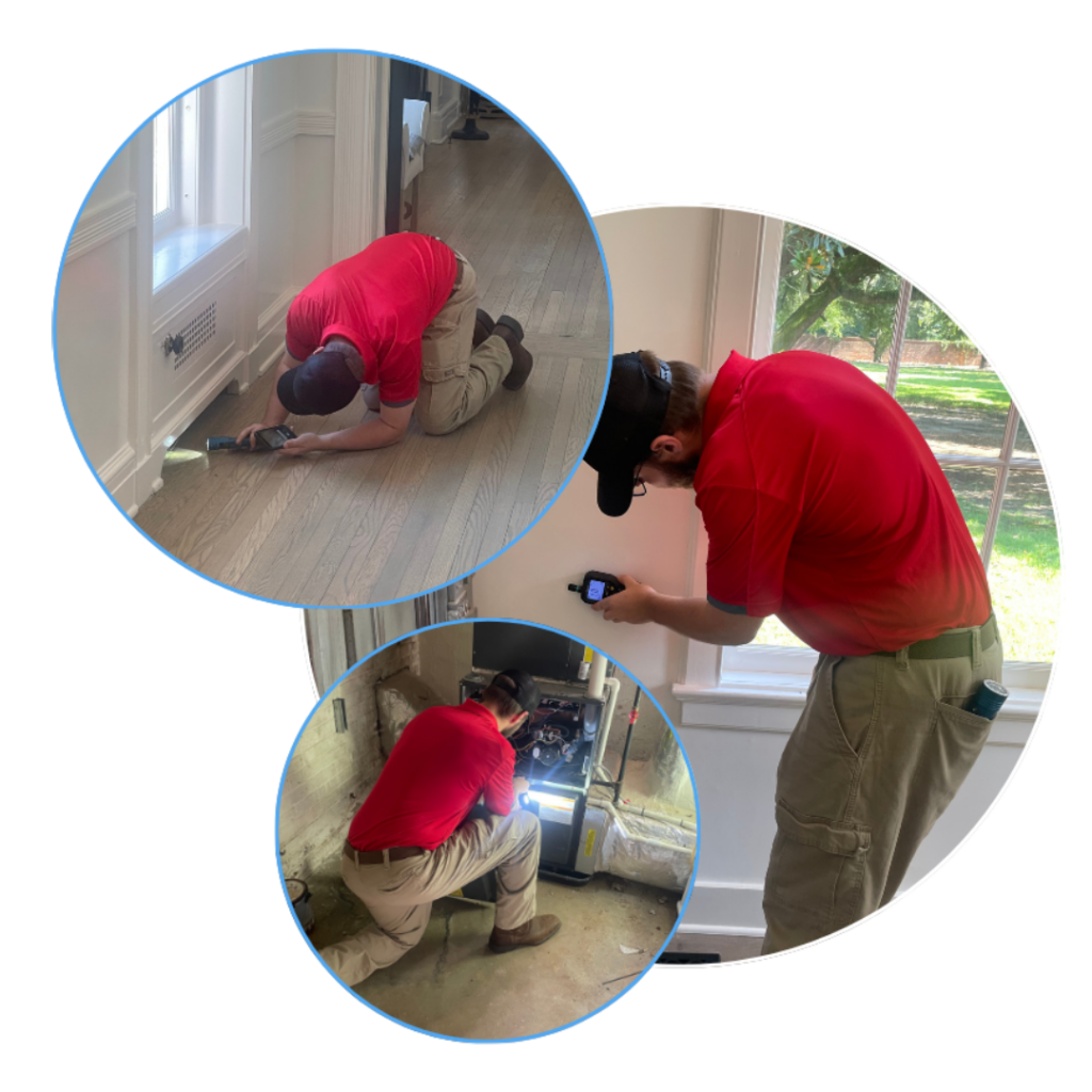 Technician in red shirt inspecting for mold and asbestos in residential settings, using tools for environmental testing and leak detection.