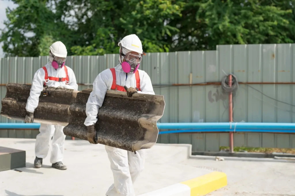 Remediation team removing asbestos-laden roofing material from a construction site.