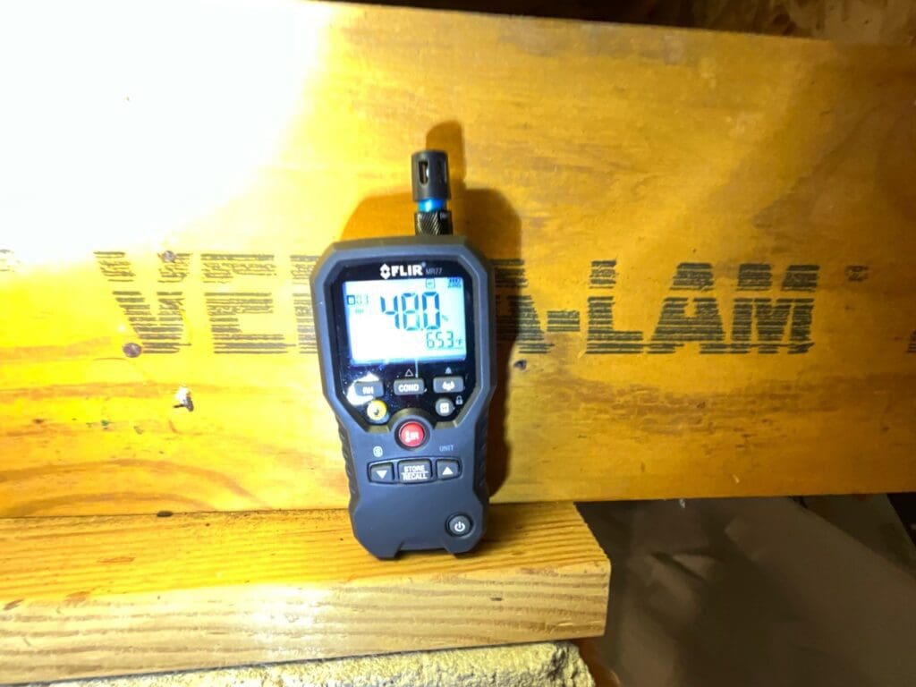 Humidity reading from an attic. Humidity tests are important to verify successful mold remediation.