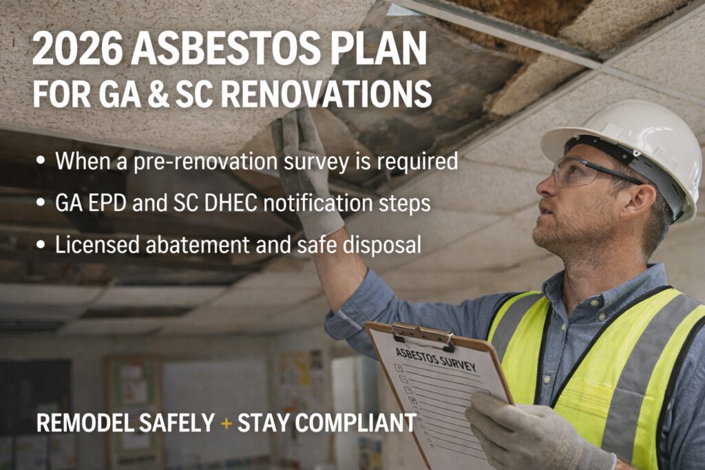 Winter fit-outs move fast. Use this step-by-step plan to meet asbestos survey, notification, and work-practice rules in Georgia and South Carolina—before demo or renovation starts.