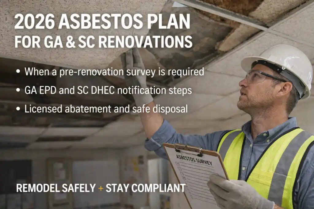 Winter fit-outs move fast. Use this step-by-step plan to meet asbestos survey, notification, and work-practice rules in Georgia and South Carolina—before demo or renovation starts.