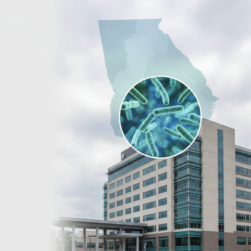 Image showing legionella bacteria over a background of the state of Georgia and a VA healthcare facility.