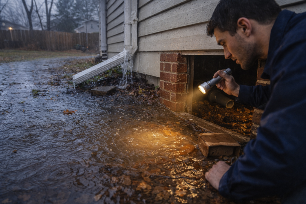 Man inspecting water accumulation near a home's foundation with a flashlight during heavy rain, highlighting potential mold growth risks.