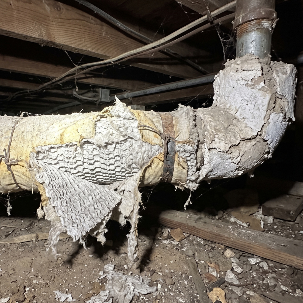 Asbestos insulation wrapping a pipe in a crawl space.